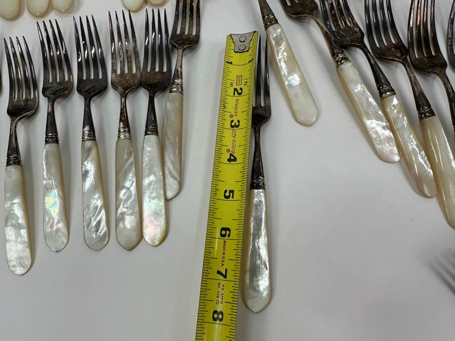 Atkinson Bros Sheffield England Flatware W/ Mother Of Pearl Handles & Sterling Silver Forks Marked With A Crown:(12) Dinner Knives, (11) Dinner Forks, (12) Small Knives, (11) Dessert Forks Approximate Silver Weight 748g Apx. Silver Melt Value $847 [Photo 14]