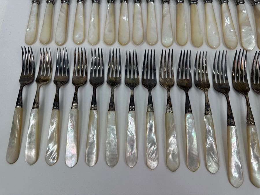 Atkinson Bros Sheffield England Flatware W/ Mother Of Pearl Handles & Sterling Silver Forks Marked With A Crown:(12) Dinner Knives, (11) Dinner Forks, (12) Small Knives, (11) Dessert Forks Approximate Silver Weight 748g Apx. Silver Melt Value $847 [Photo 3]