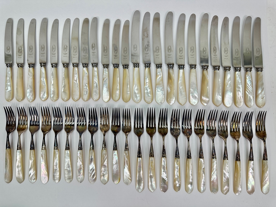 Atkinson Bros Sheffield England Flatware W/ Mother Of Pearl Handles & Sterling Silver Forks Marked With A Crown:(12) Dinner Knives, (11) Dinner Forks, (12) Small Knives, (11) Dessert Forks Approximate Silver Weight 748g Apx. Silver Melt Value $847 [Photo 1]