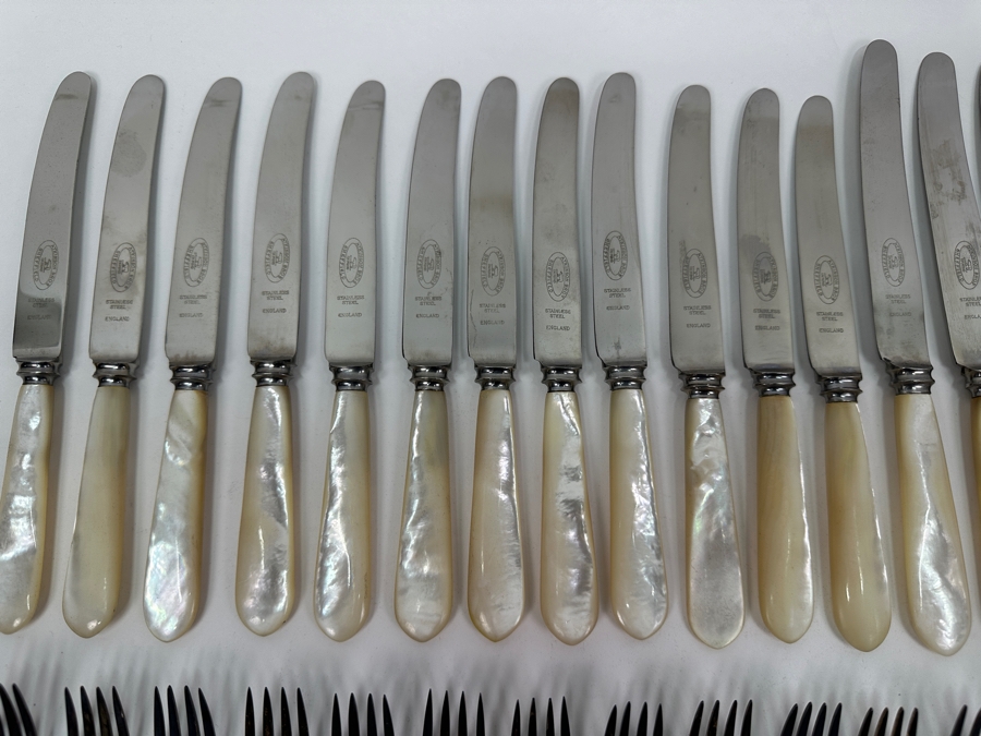 Atkinson Bros Sheffield England Flatware W/ Mother Of Pearl Handles & Sterling Silver Forks Marked With A Crown:(12) Dinner Knives, (11) Dinner Forks, (12) Small Knives, (11) Dessert Forks Approximate Silver Weight 748g Apx. Silver Melt Value $847 [Photo 4]