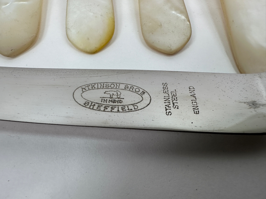Atkinson Bros Sheffield England Flatware W/ Mother Of Pearl Handles & Sterling Silver Forks Marked With A Crown:(12) Dinner Knives, (11) Dinner Forks, (12) Small Knives, (11) Dessert Forks Approximate Silver Weight 748g Apx. Silver Melt Value $847 [Photo 6]