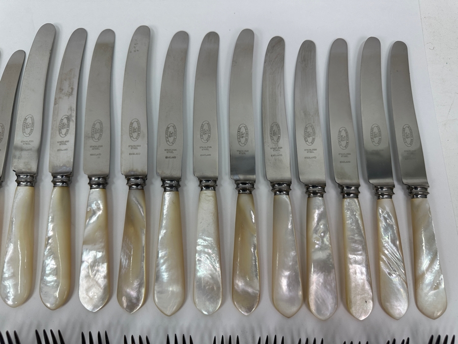 Atkinson Bros Sheffield England Flatware W/ Mother Of Pearl Handles & Sterling Silver Forks Marked With A Crown:(12) Dinner Knives, (11) Dinner Forks, (12) Small Knives, (11) Dessert Forks Approximate Silver Weight 748g Apx. Silver Melt Value $847 [Photo 5]