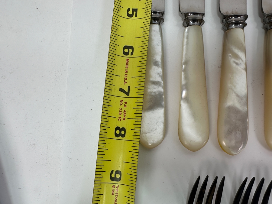 Atkinson Bros Sheffield England Flatware W/ Mother Of Pearl Handles & Sterling Silver Forks Marked With A Crown:(12) Dinner Knives, (11) Dinner Forks, (12) Small Knives, (11) Dessert Forks Approximate Silver Weight 748g Apx. Silver Melt Value $847 [Photo 15]