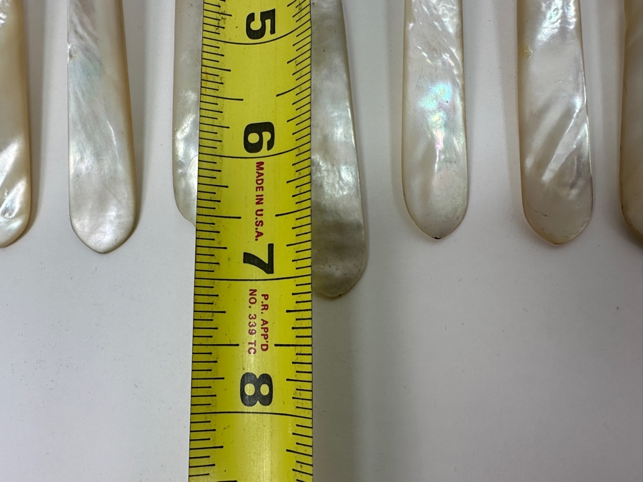 Atkinson Bros Sheffield England Flatware W/ Mother Of Pearl Handles & Sterling Silver Forks Marked With A Crown:(12) Dinner Knives, (11) Dinner Forks, (12) Small Knives, (11) Dessert Forks Approximate Silver Weight 748g Apx. Silver Melt Value $847 [Photo 13]