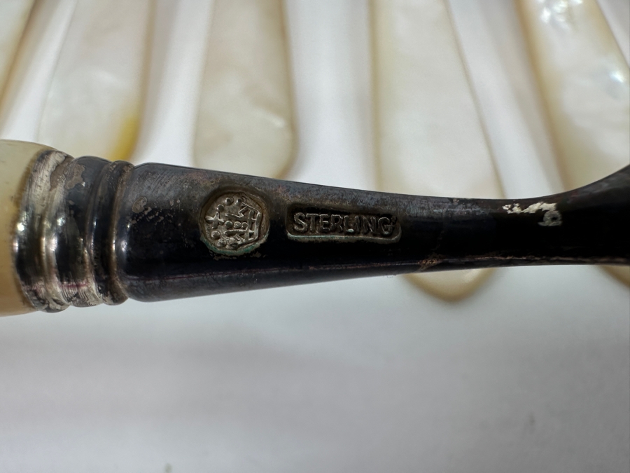 Atkinson Bros Sheffield England Flatware W/ Mother Of Pearl Handles & Sterling Silver Forks Marked With A Crown:(12) Dinner Knives, (11) Dinner Forks, (12) Small Knives, (11) Dessert Forks Approximate Silver Weight 748g Apx. Silver Melt Value $847 [Photo 8]