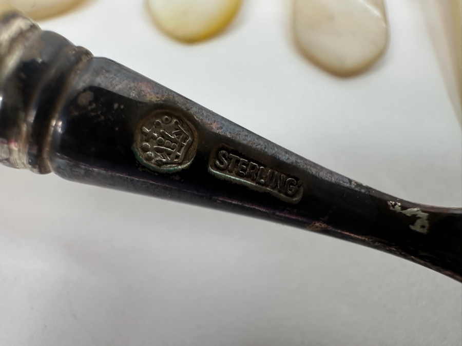 Atkinson Bros Sheffield England Flatware W/ Mother Of Pearl Handles & Sterling Silver Forks Marked With A Crown:(12) Dinner Knives, (11) Dinner Forks, (12) Small Knives, (11) Dessert Forks Approximate Silver Weight 748g Apx. Silver Melt Value $847 [Photo 9]