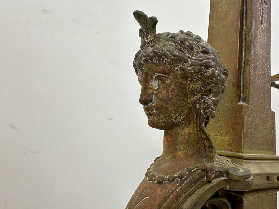 Pair Of Figural Brass Andirons Circa 1920 'L' Shaped With Scrolling Elements Surmounted By Woman's Bust 13'W X 23'H [Photo 3]