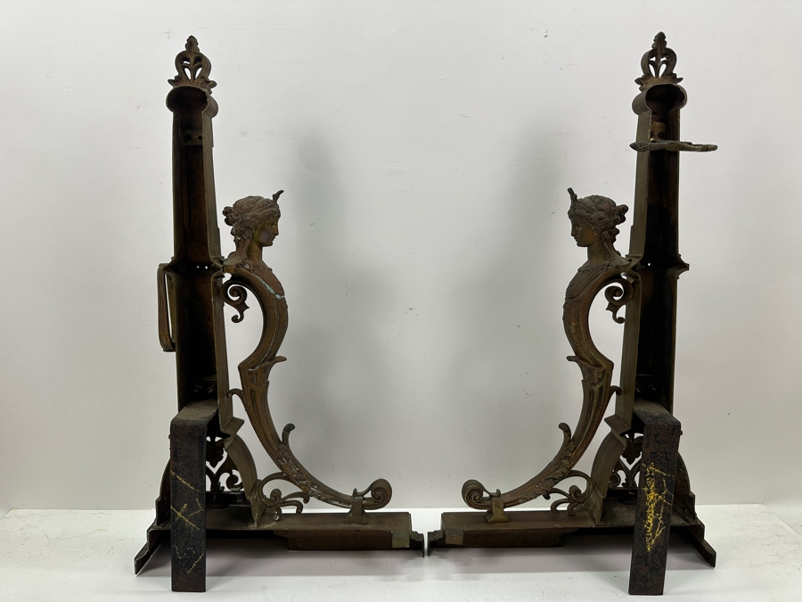 Pair Of Figural Brass Andirons Circa 1920 'L' Shaped With Scrolling Elements Surmounted By Woman's Bust 13'W X 23'H [Photo 8]