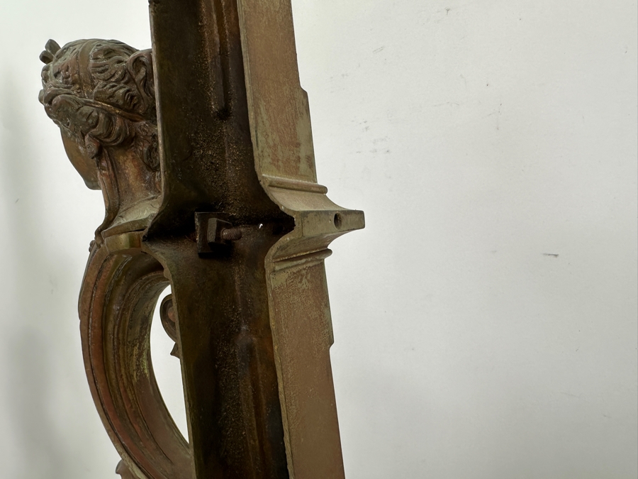 Pair Of Figural Brass Andirons Circa 1920 'L' Shaped With Scrolling Elements Surmounted By Woman's Bust 13'W X 23'H [Photo 12]