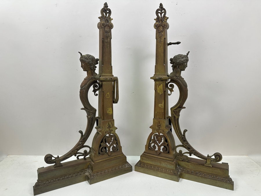 Pair Of Figural Brass Andirons Circa 1920 'L' Shaped With Scrolling Elements Surmounted By Woman's Bust 13'W X 23'H [Photo 6]