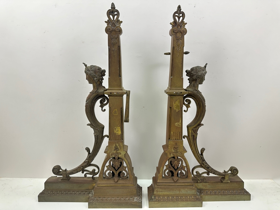 Pair Of Figural Brass Andirons Circa 1920 'L' Shaped With Scrolling Elements Surmounted By Woman's Bust 13'W X 23'H [Photo 2]