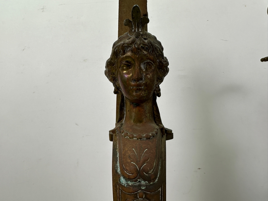 Pair Of Figural Brass Andirons Circa 1920 'L' Shaped With Scrolling Elements Surmounted By Woman's Bust 13'W X 23'H [Photo 7]