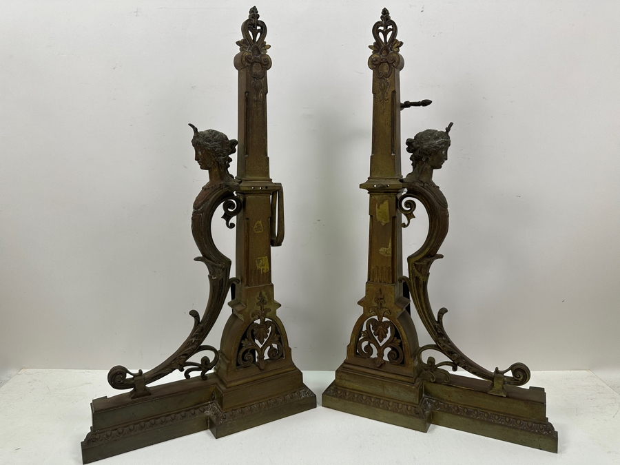 Pair Of Figural Brass Andirons Circa 1920 'L' Shaped With Scrolling Elements Surmounted By Woman's Bust 13'W X 23'H [Photo 5]