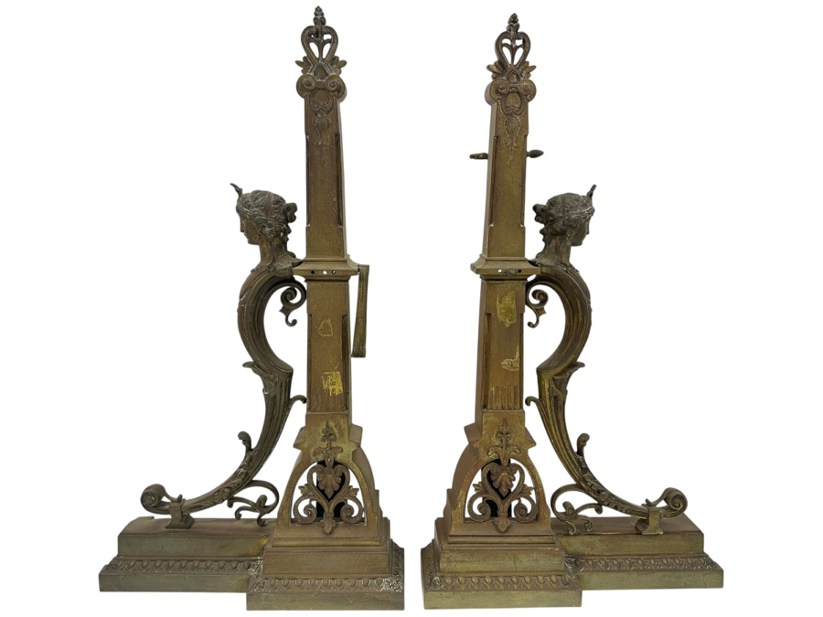 Pair Of Figural Brass Andirons Circa 1920 'L' Shaped With Scrolling Elements Surmounted By Woman's Bust 13'W X 23'H [Photo 1]