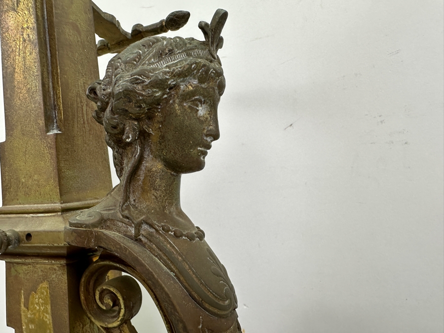 Pair Of Figural Brass Andirons Circa 1920 'L' Shaped With Scrolling Elements Surmounted By Woman's Bust 13'W X 23'H [Photo 4]