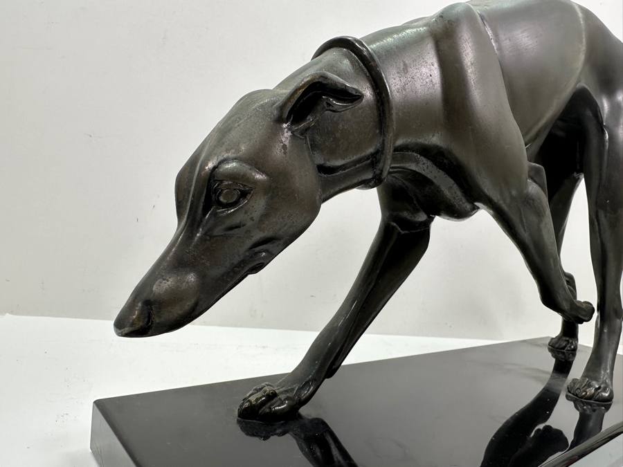 Irenee Rochard Art Deco Metal Sculpture Of A Greyhound / Whippet On Black Marble Base Signed Rochard In Marble Base 21.5'W X 6'D X 12'H [Photo 8]