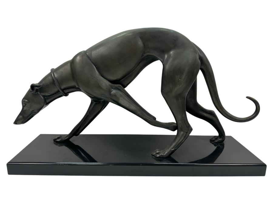 Irenee Rochard Art Deco Metal Sculpture Of A Greyhound / Whippet On Black Marble Base Signed Rochard In Marble Base 21.5'W X 6'D X 12'H
