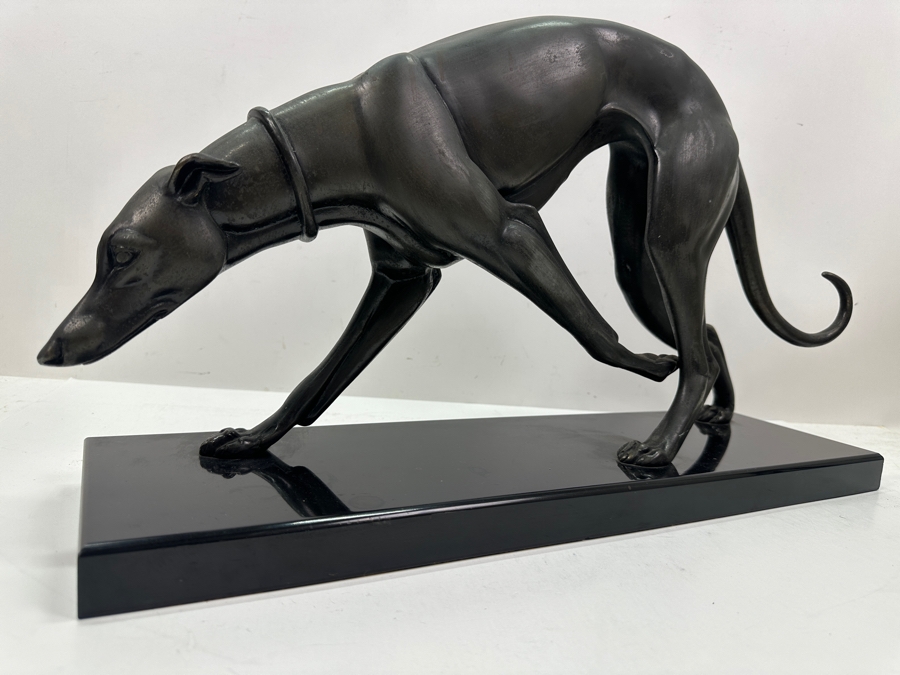 Irenee Rochard Art Deco Metal Sculpture Of A Greyhound / Whippet On Black Marble Base Signed Rochard In Marble Base 21.5'W X 6'D X 12'H [Photo 6]