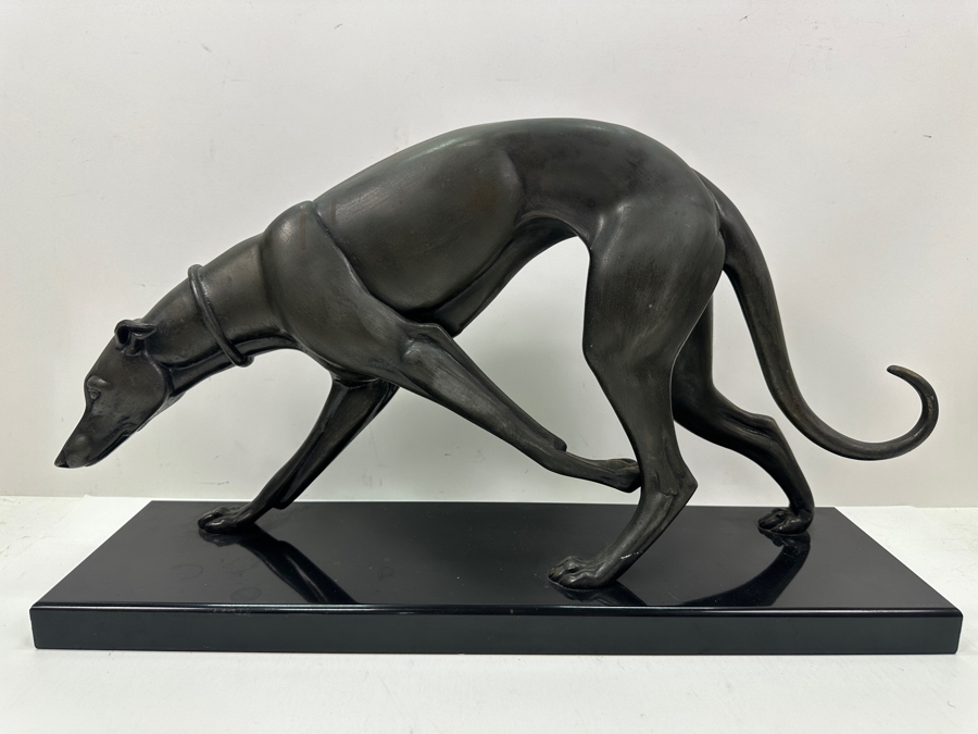 Irenee Rochard Art Deco Metal Sculpture Of A Greyhound / Whippet On Black Marble Base Signed Rochard In Marble Base 21.5'W X 6'D X 12'H [Photo 2]