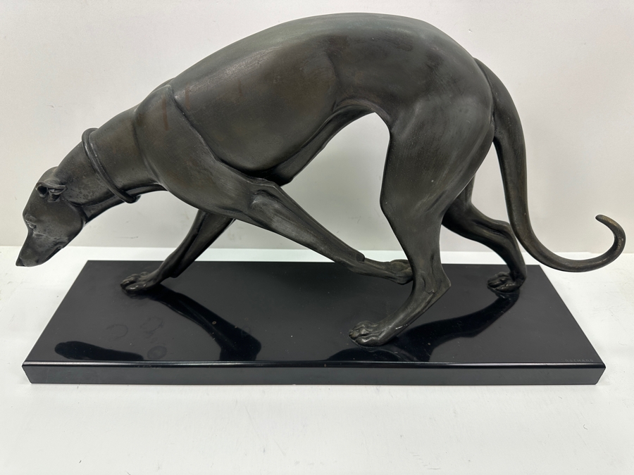 Irenee Rochard Art Deco Metal Sculpture Of A Greyhound / Whippet On Black Marble Base Signed Rochard In Marble Base 21.5'W X 6'D X 12'H [Photo 3]