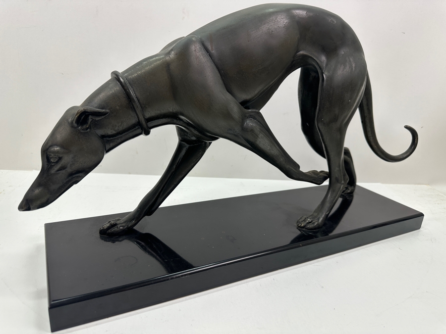 Irenee Rochard Art Deco Metal Sculpture Of A Greyhound / Whippet On Black Marble Base Signed Rochard In Marble Base 21.5'W X 6'D X 12'H [Photo 7]