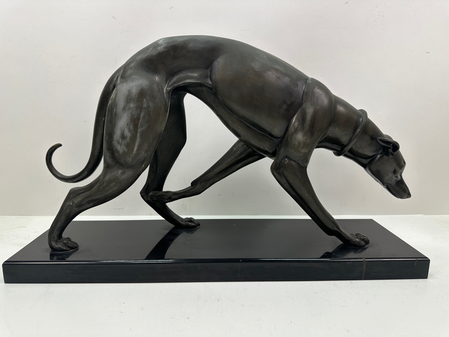 Irenee Rochard Art Deco Metal Sculpture Of A Greyhound / Whippet On Black Marble Base Signed Rochard In Marble Base 21.5'W X 6'D X 12'H [Photo 9]