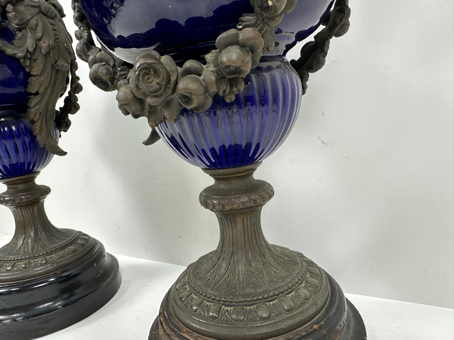 Pair Of French Decorative Ewers With Dolphin Handles And Cherub Figure - Note That A Piece Of The Metal Is Missing On One Ewer On Wooden Base 25.5'H [Photo 12]