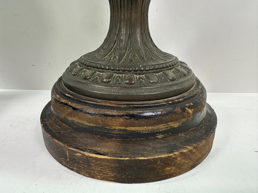 Pair Of French Decorative Ewers With Dolphin Handles And Cherub Figure - Note That A Piece Of The Metal Is Missing On One Ewer On Wooden Base 25.5'H [Photo 13]