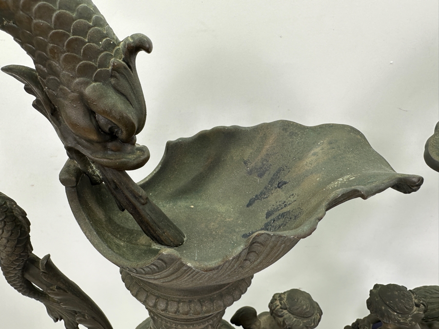 Pair Of French Decorative Ewers With Dolphin Handles And Cherub Figure - Note That A Piece Of The Metal Is Missing On One Ewer On Wooden Base 25.5'H [Photo 6]