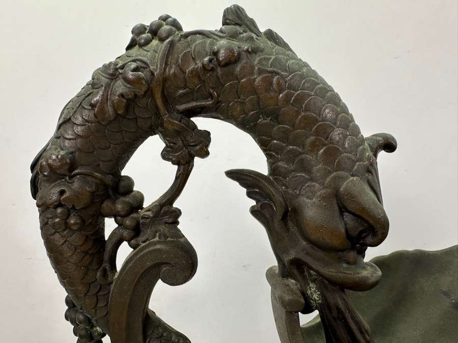 Pair Of French Decorative Ewers With Dolphin Handles And Cherub Figure - Note That A Piece Of The Metal Is Missing On One Ewer On Wooden Base 25.5'H [Photo 4]