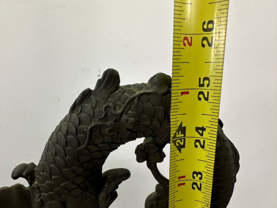 Pair Of French Decorative Ewers With Dolphin Handles And Cherub Figure - Note That A Piece Of The Metal Is Missing On One Ewer On Wooden Base 25.5'H [Photo 19]