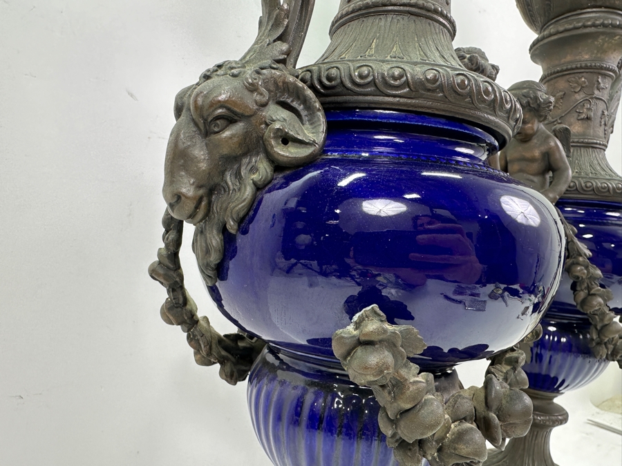 Pair Of French Decorative Ewers With Dolphin Handles And Cherub Figure - Note That A Piece Of The Metal Is Missing On One Ewer On Wooden Base 25.5'H [Photo 14]