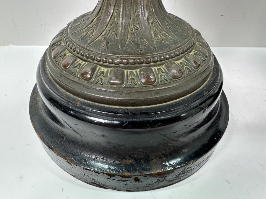 Pair Of French Decorative Ewers With Dolphin Handles And Cherub Figure - Note That A Piece Of The Metal Is Missing On One Ewer On Wooden Base 25.5'H [Photo 16]