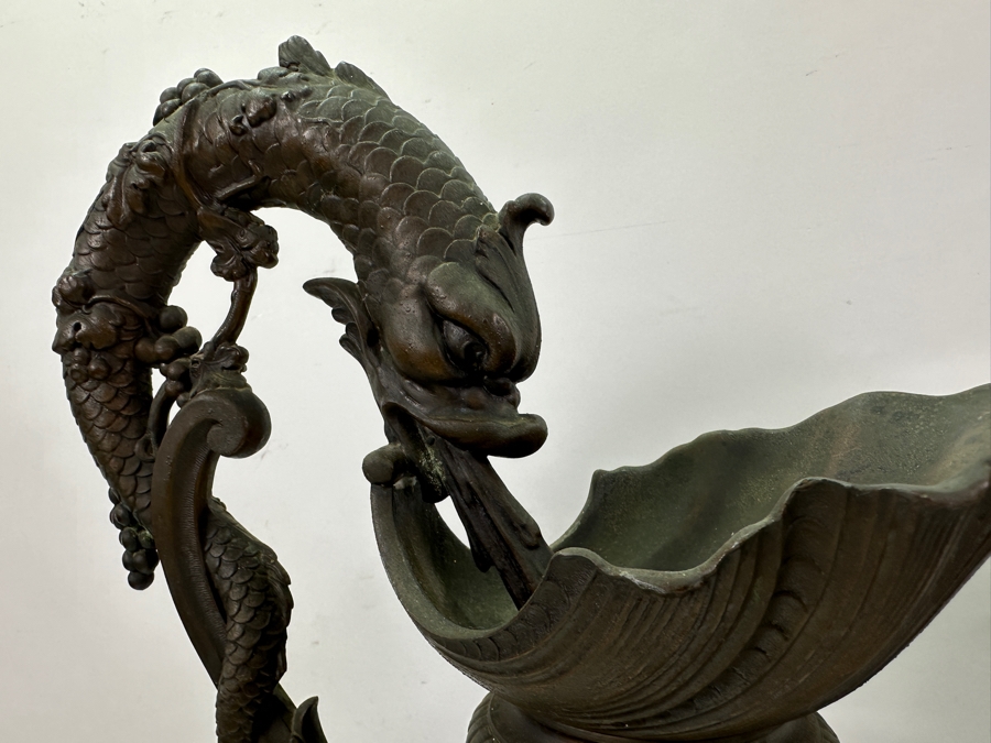 Pair Of French Decorative Ewers With Dolphin Handles And Cherub Figure - Note That A Piece Of The Metal Is Missing On One Ewer On Wooden Base 25.5'H [Photo 5]