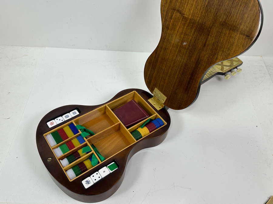Unusual Guitar Shaped Wooden Gambling Box Made In Milano Italy 28'L X 11'D [Photo 11]