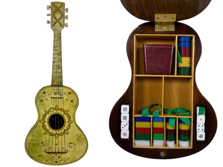 Unusual Guitar Shaped Wooden Gambling Box Made In Milano Italy 28'L X 11'D [Photo 1]