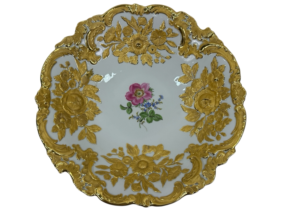 Vintage Meissen Germany Gilded Hand Painted Porcelain Bowl 12'W X 2.5'H [Photo 1]