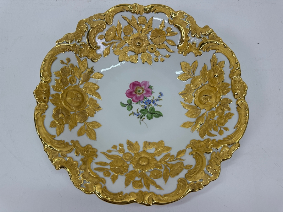 Vintage Meissen Germany Gilded Hand Painted Porcelain Bowl 12'W X 2.5'H [Photo 4]