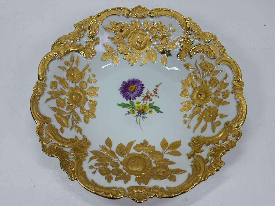 Vintage Meissen Germany Gilded Hand Painted Porcelain Bowl 12'W X 2.5'H [Photo 5]