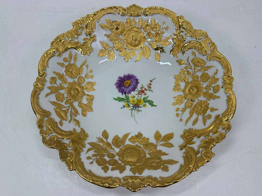 Vintage Meissen Germany Gilded Hand Painted Porcelain Bowl 12'W X 2.5'H [Photo 4]