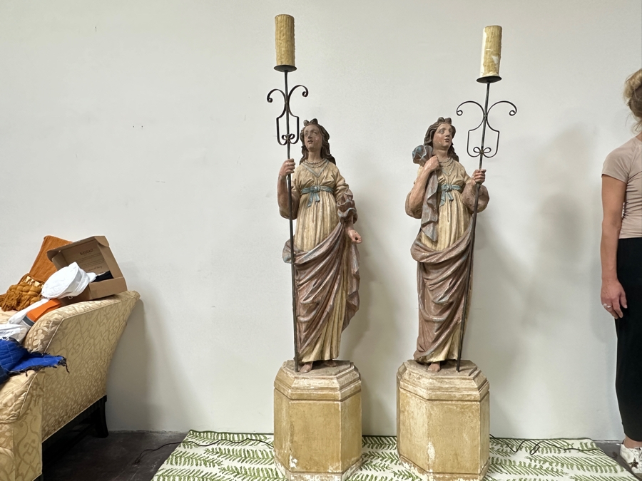 Pair Of 20th Century Hand Painted Polychrome Plaster Saints Holding Wrought Iron Candelabras On Wooden Conforming Bases (One Needs Rewiring) 78'H [Photo 5]