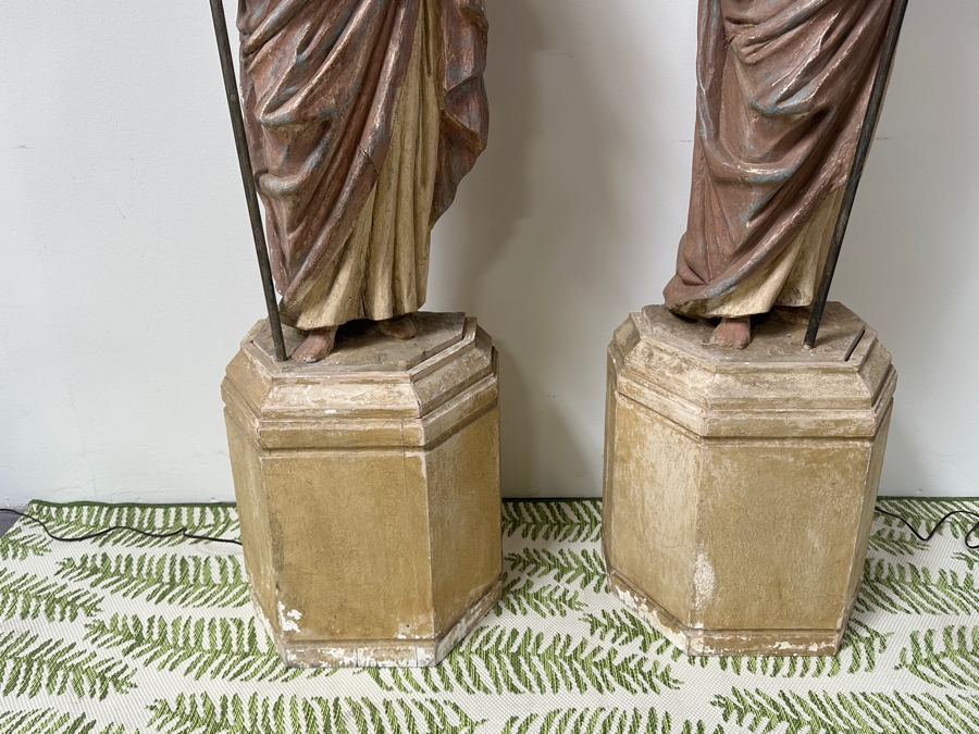 Pair Of 20th Century Hand Painted Polychrome Plaster Saints Holding Wrought Iron Candelabras On Wooden Conforming Bases (One Needs Rewiring) 78'H [Photo 26]