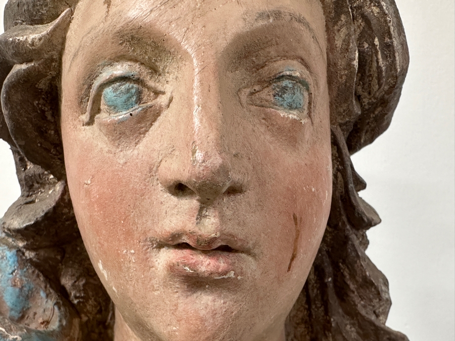 Pair Of 20th Century Hand Painted Polychrome Plaster Saints Holding Wrought Iron Candelabras On Wooden Conforming Bases (One Needs Rewiring) 78'H [Photo 19]