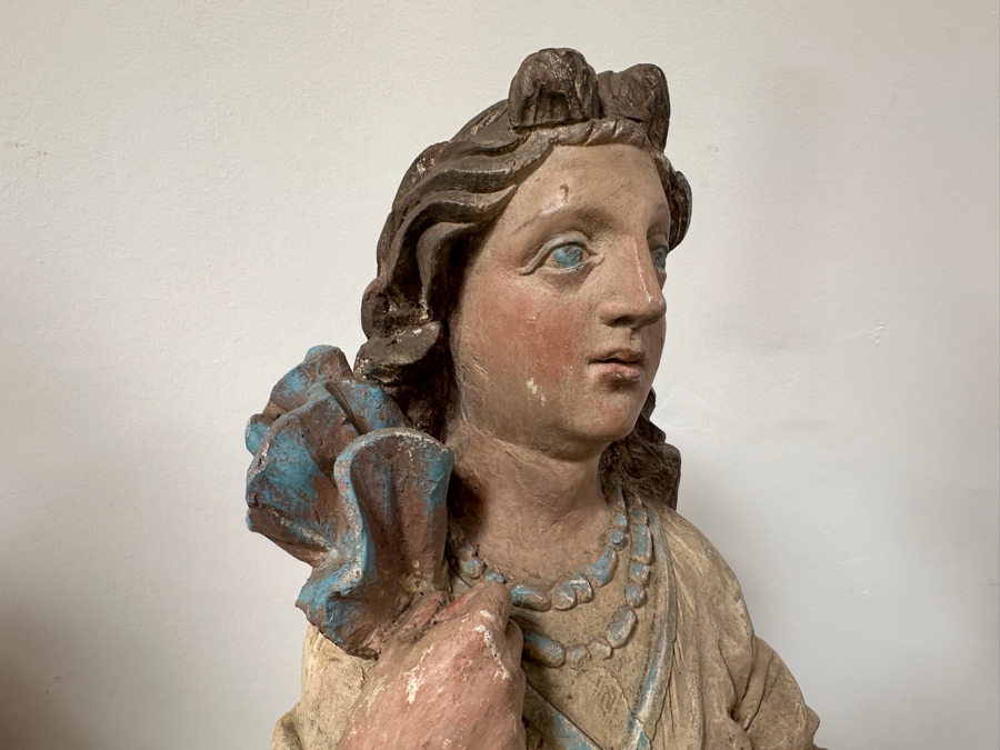 Pair Of 20th Century Hand Painted Polychrome Plaster Saints Holding Wrought Iron Candelabras On Wooden Conforming Bases (One Needs Rewiring) 78'H [Photo 8]