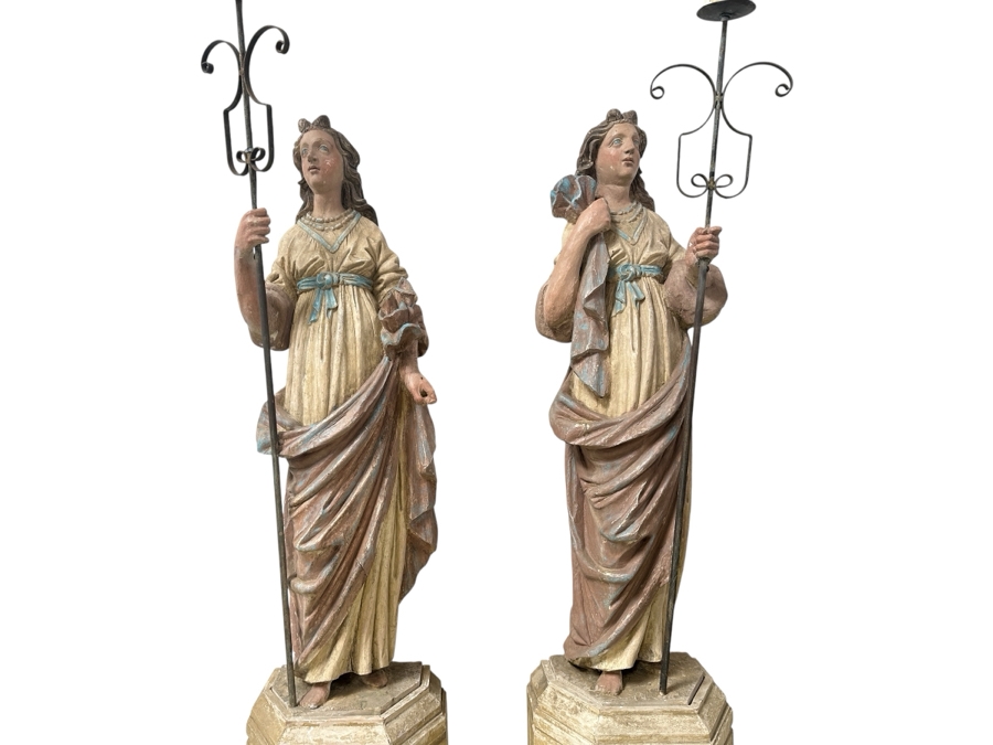 Pair Of 20th Century Hand Painted Polychrome Plaster Saints Holding Wrought Iron Candelabras On Wooden Conforming Bases (One Needs Rewiring) 78'H