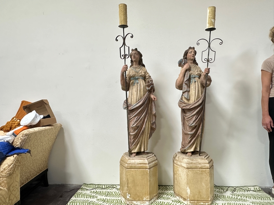 Pair Of 20th Century Hand Painted Polychrome Plaster Saints Holding Wrought Iron Candelabras On Wooden Conforming Bases (One Needs Rewiring) 78'H [Photo 4]