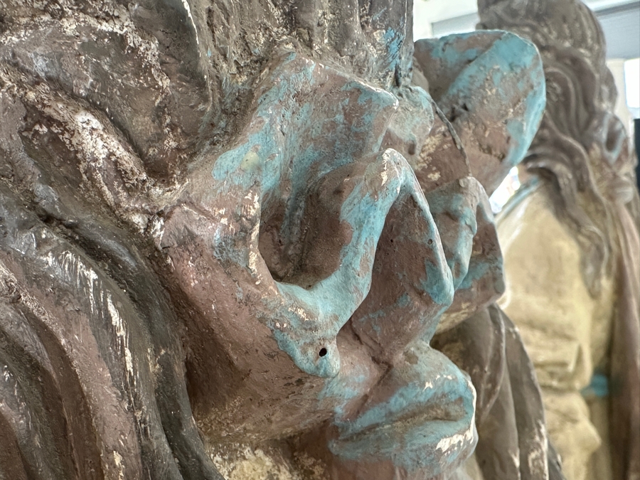 Pair Of 20th Century Hand Painted Polychrome Plaster Saints Holding Wrought Iron Candelabras On Wooden Conforming Bases (One Needs Rewiring) 78'H [Photo 18]