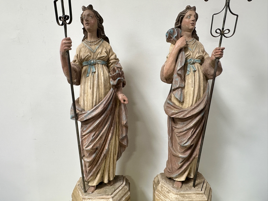 Pair Of 20th Century Hand Painted Polychrome Plaster Saints Holding Wrought Iron Candelabras On Wooden Conforming Bases (One Needs Rewiring) 78'H [Photo 7]