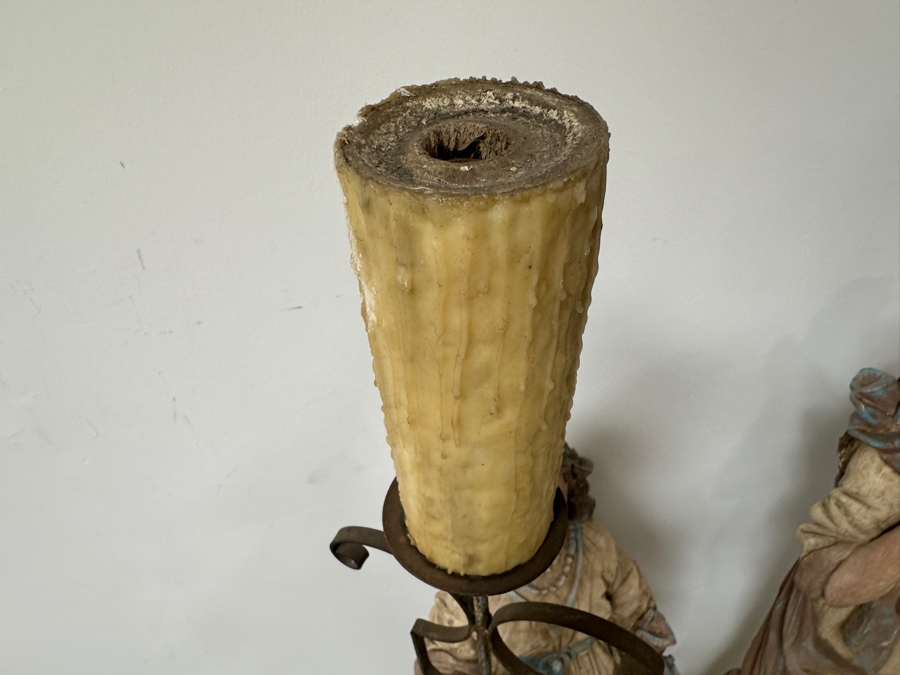Pair Of 20th Century Hand Painted Polychrome Plaster Saints Holding Wrought Iron Candelabras On Wooden Conforming Bases (One Needs Rewiring) 78'H [Photo 14]