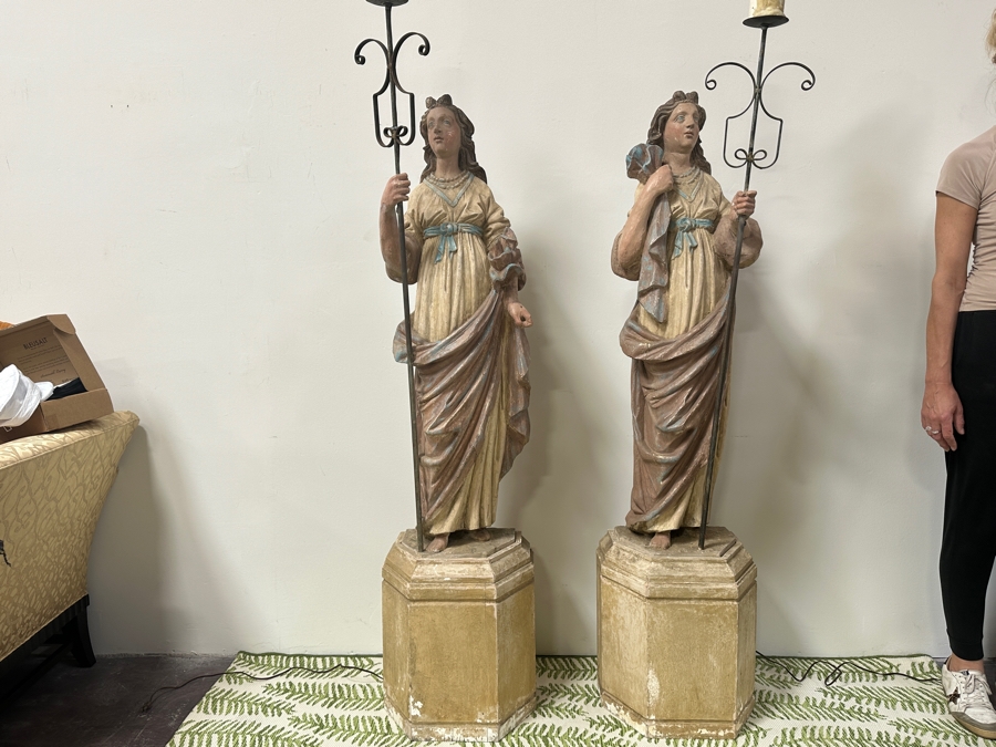 Pair Of 20th Century Hand Painted Polychrome Plaster Saints Holding Wrought Iron Candelabras On Wooden Conforming Bases (One Needs Rewiring) 78'H [Photo 3]